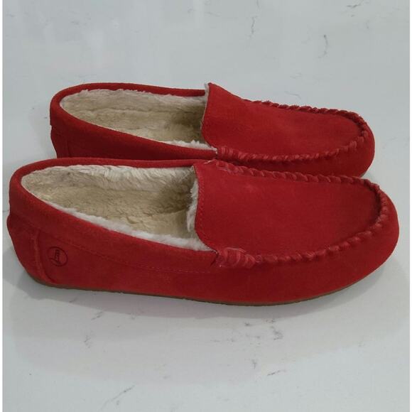 Lands End Red Suede leather womens moccasin slippers loafers fuzzy warm size 7 - Picture 3 of 8